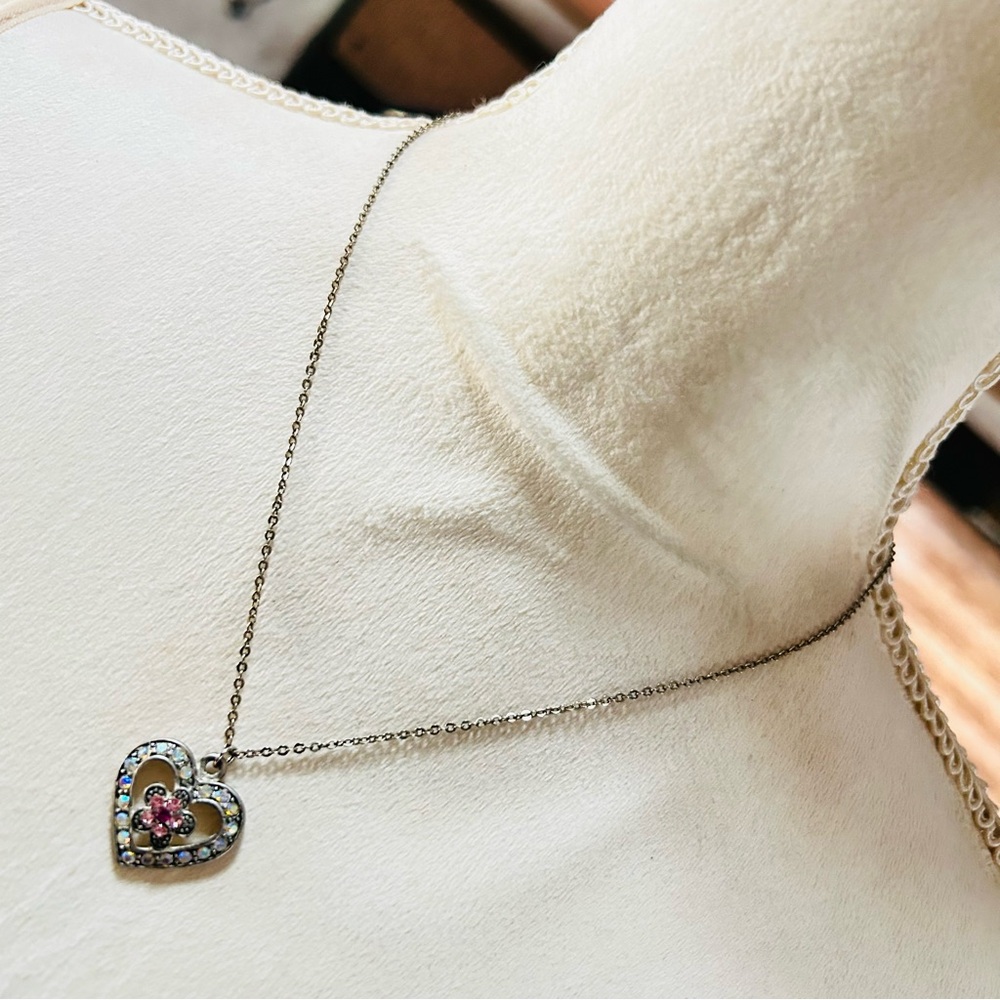 Vintage 80s aurora borealis crystal heart pendant on chain necklace